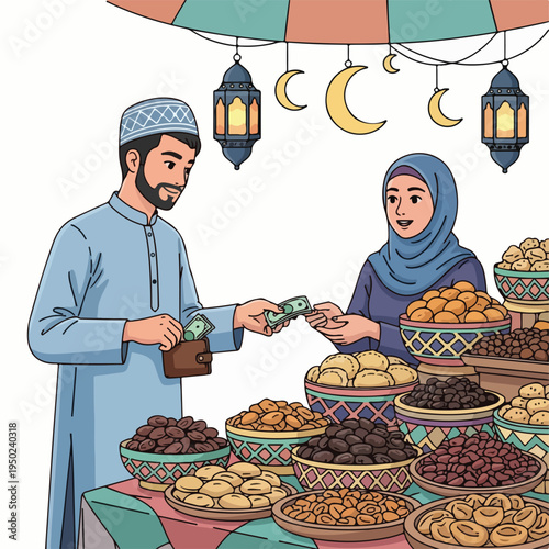 Man and woman exchanging money at a food market stall with various nuts and dried fruits on display