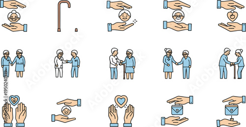 Elderly Care Icons Set with Helping Hands, Walking Cane, Heart Care, and Senior Assistance for Health and Wellness Support