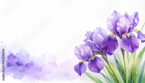 水彩風の花菖蒲、アヤメの花のイラスト背景 文字入れ用の広い白背景スペースがある和素材（こどもの日、端午の節句）