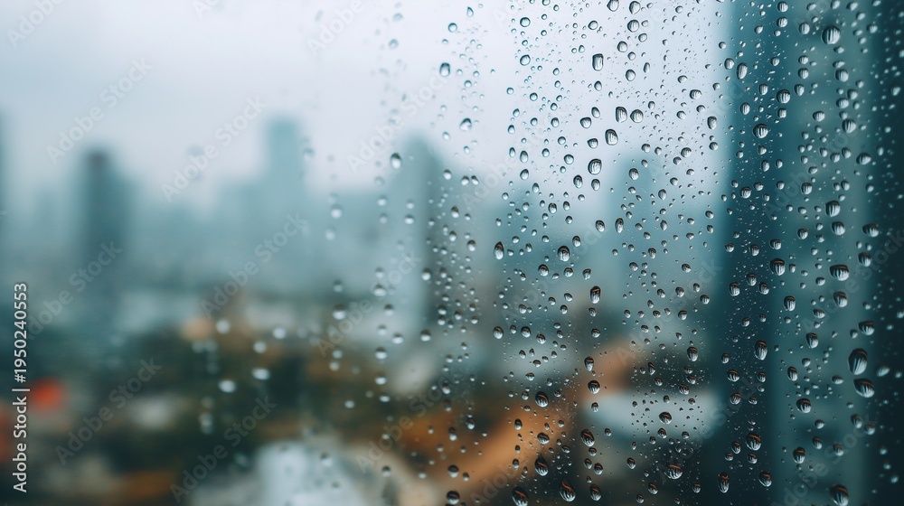 Obraz premium 雨水がついた窓から見える都会の風景