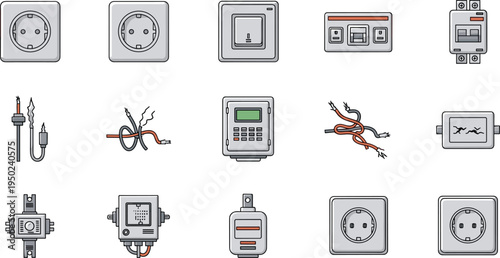 Electrical Sockets, Switches, and Wires Icon Set with Plugs, Circuit Breakers, and Electrical Components for Wiring and Power Systems