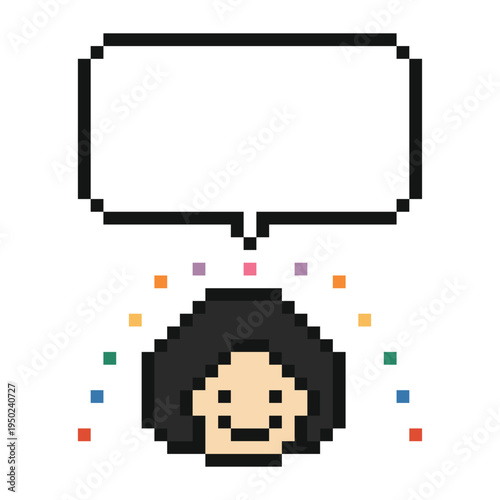 Cartoon girl woman with chat box in review,feedback,talk,say,speak decor 8 bit design.