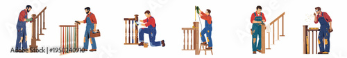 Illustrations of a carpenter in overalls performing various tasks to repair and refinish a wooden staircase railing, including sanding, measuring, and painting.