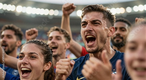 Joyful celebration of young caucasian fans cheering at a sports event