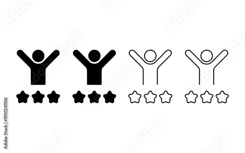 Four people icons with raised arms and star ratings on white background