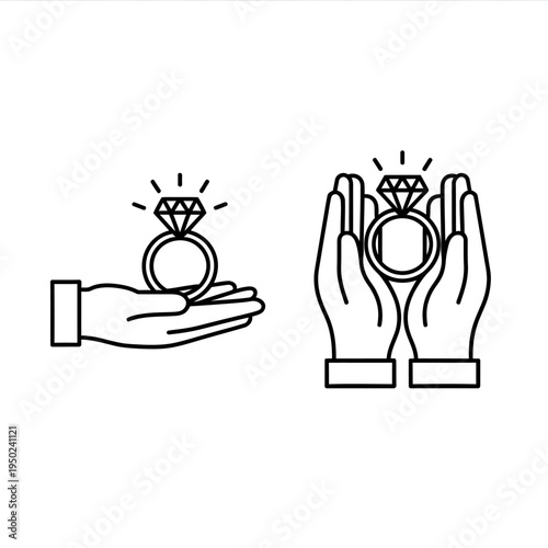 Line drawing of hands holding diamond rings  proposal and marriage symbol