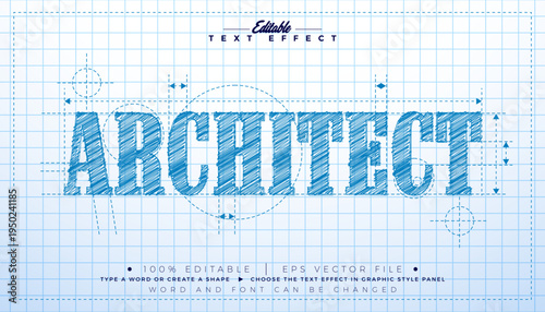 Architect Sketch Drawing Text Effect Design Vector Editable Illustrator Graphic Style Effect with Customizable Hand Drawn Font and Marker Line on White Checkered Paper Background. Premium Typography