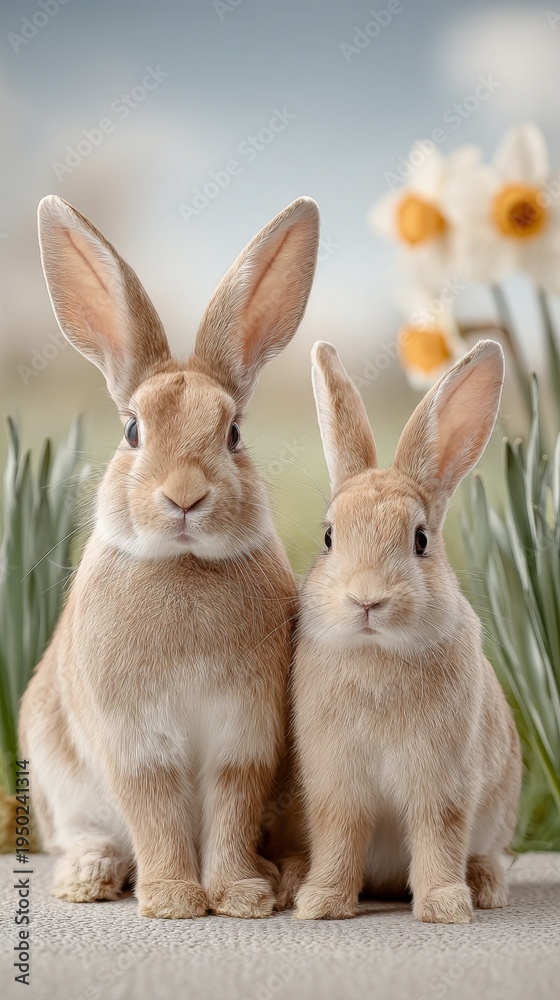 Fototapeta premium Two adorable brown rabbits sit together among blooming flowers.