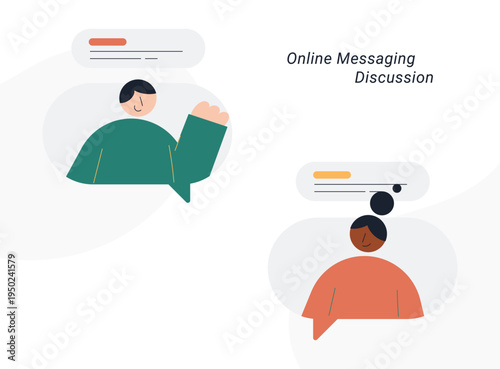 Flat style illustration of two diverse person inside speech bubbles exchanging text messages, representing online messaging, chat discussion and digital communication concept.
