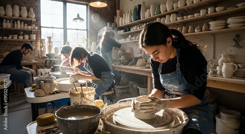 Diverse group of artists working on pottery wheels in a sunlit studio, creating ceramics