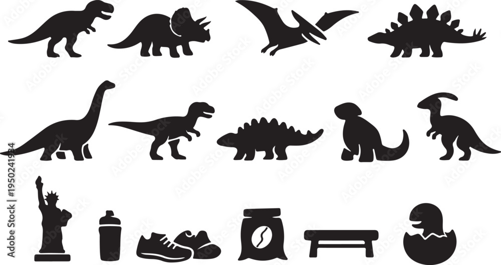 Εκτύπωση καμβά Dinosaur kingdom vector icon set with prehistoric reptiles, fossils, and Jurassic creatures for design