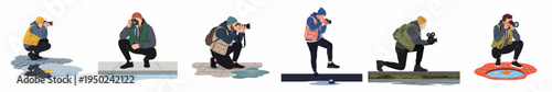 Flat vector illustrations of male photographers in outdoor gear crouching and kneeling to take professional photos of nature and reflections.