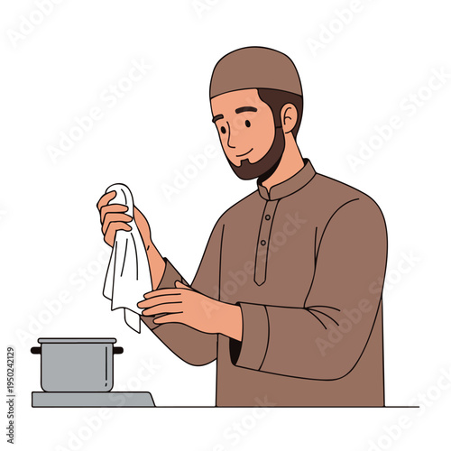 Man in traditional clothing wiping hands with cloth near pot