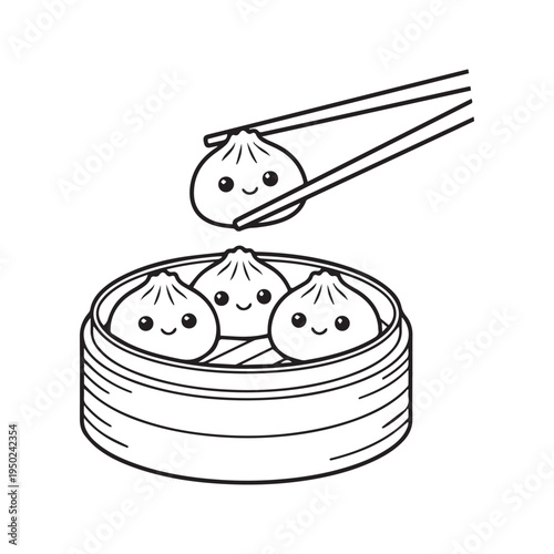 Cute kawaii dim sum dumplings in bamboo steamer with chopsticks black and white outline coloring page vector illustration
