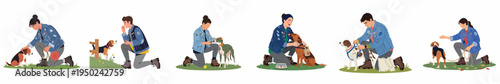 Flat Illustration Set of People Caring for and Training Different Dog Breeds in Outdoor Settings