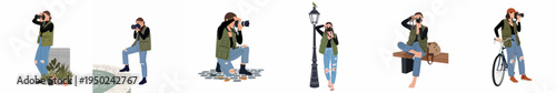 Vector illustrations of a female photographer in urban settings, capturing photos in various poses like standing, kneeling, and sitting on a bench.
