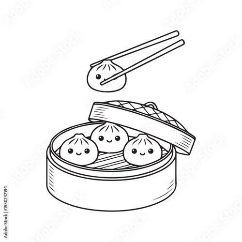 Cute kawaii dim sum dumplings in bamboo steamer with chopsticks black and white outline coloring page vector illustration
