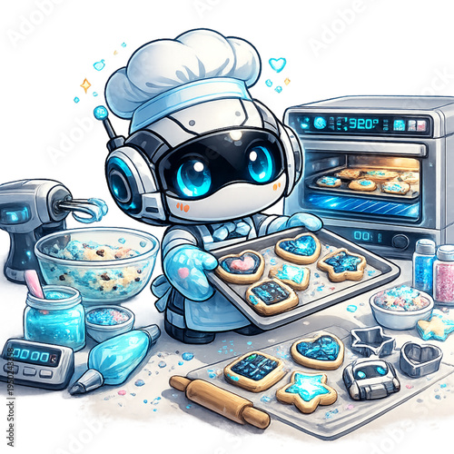cyber robot baking sweet treats, cute robot baker illustration, kawaii robot baking cookies art, futuristic robot pastry chef design, adorable chibi robot baker graphic, cartoon robot making desserts 