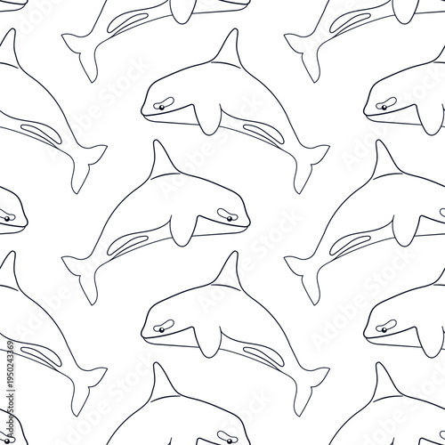 Killer whale seamless pattern in line art style. Undersea animal shape for summer design on a white background.