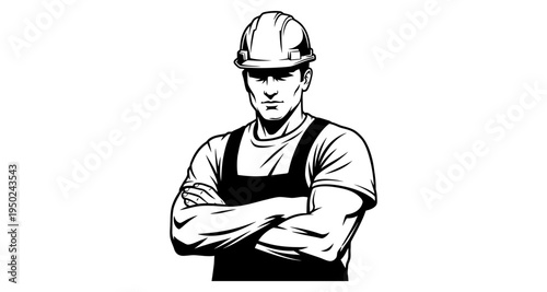 Black and white illustration of a construction worker with arms crossed