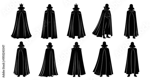 Silhouettes of figures in cloaks and hoods resembling royalty or villains