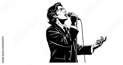 A stylized illustration depicts a man passionately singing into a microphone