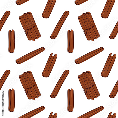 Seamless pattern with flat style cinnamon stick on white background. Perfect for spice packaging, kitchen wallpaper, herbal background and organic decor.