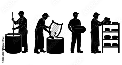 Silhouettes of cheesemakers engaged in various stages of production process