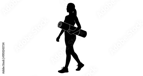 Silhouette of a woman carrying a rolled yoga mat on white background
