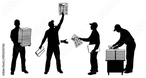 Four figures silhouetted showing a progression of reading a newspaper