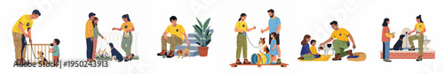 Collection of flat illustrations showing volunteers and people interacting with dogs at an animal shelter for adoption and pet care services.