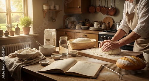 A baker kneads dough on a wooden counter in a sunlit kitchen, with a cookbook open and ingredients laid out for baking