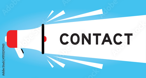 Color megaphone icon with word contact in white banner on blue background