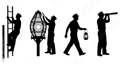 Silhouettes of maritime workers performing various tasks near navigational equipment