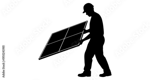 Silhouetted worker carrying a large solar panel against a white background