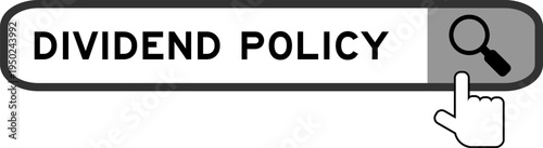 Search banner in word dividend policy with hand over magnifier icon on white background