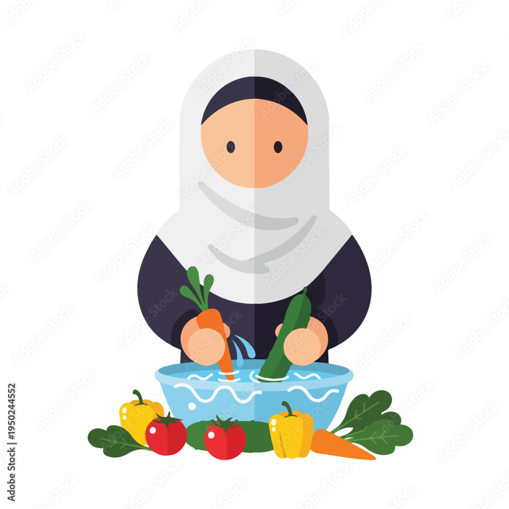 Obraz premium Woman in headscarf washing vegetables in a bowl of water