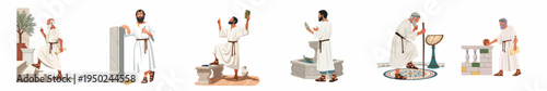 Set of Ancient Greek or Roman Philosophers and Scholars in Classical Attire Engaged in Intellectual Pursuits and Scientific Observation