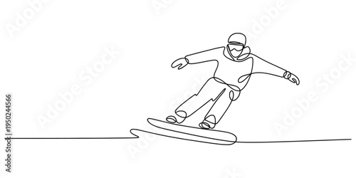 Continuous single line drawing of a person actively snowboarding down a snowy mountain slope area