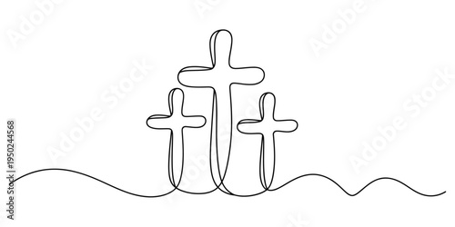 A continuous single line drawing representing three christian crosses standing together in a row