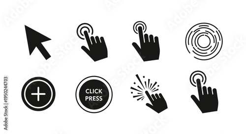Collection of user interface icons depicting hand cursors, mouse pointers, and digital interaction elements