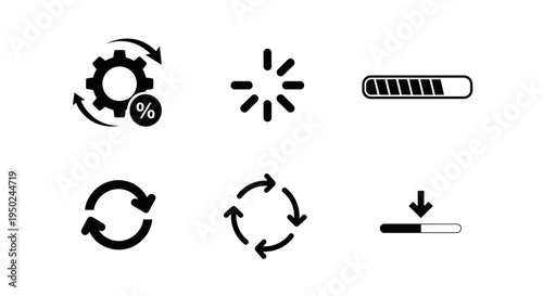 Set of loading and refreshing icons gear with percentage, spinning arrows, and progress bars indicating system status and data transfer