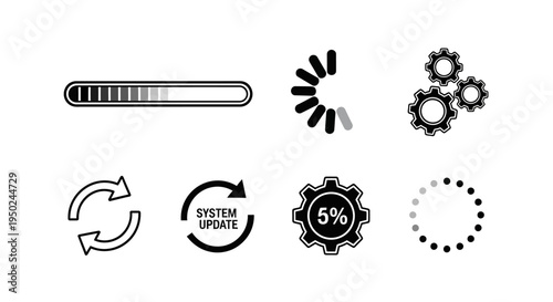 Set of loading and processing icons including progress bars, spinning circles, and gears