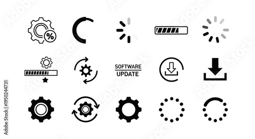 A collection of loading icons, progress bars, and software update symbols representing download, upload, and processing status