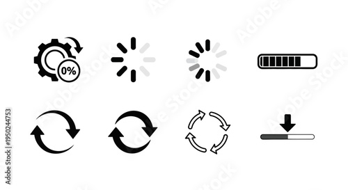 Set of loading and processing icons, including circular progress indicators, refresh symbols, and progress bars, signifying data transfer and system status