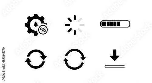 Set of icons representing different settings, loading, downloading, and refresh actions for user interface elements