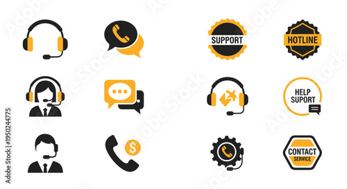Customer service icons headset, phone, chat bubbles, and support signs for business and communication
