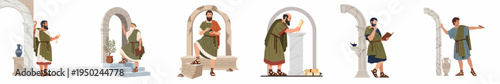 Flat Illustration Set of Ancient Greek Philosophers and Scholars Engaged in Academic Activities with Classical Architecture and Scrolls