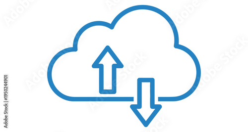 Blue line art depicting cloud with upload and download arrows