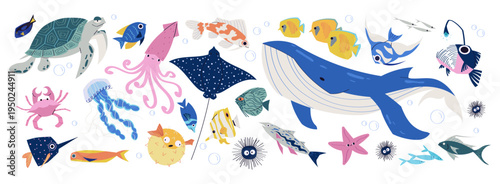 Colorful sea animals set with whale, turtle, fish, squid, jellyfish, crab, stingray, starfish and other ocean creatures. Cute cartoon marine life collection